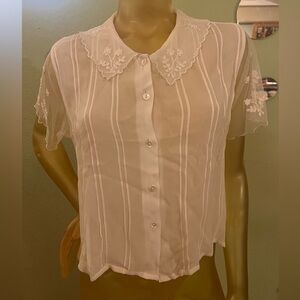 Vintage April Cornell Sheer Cream Blouse with Embroidered Collar & Sleeves